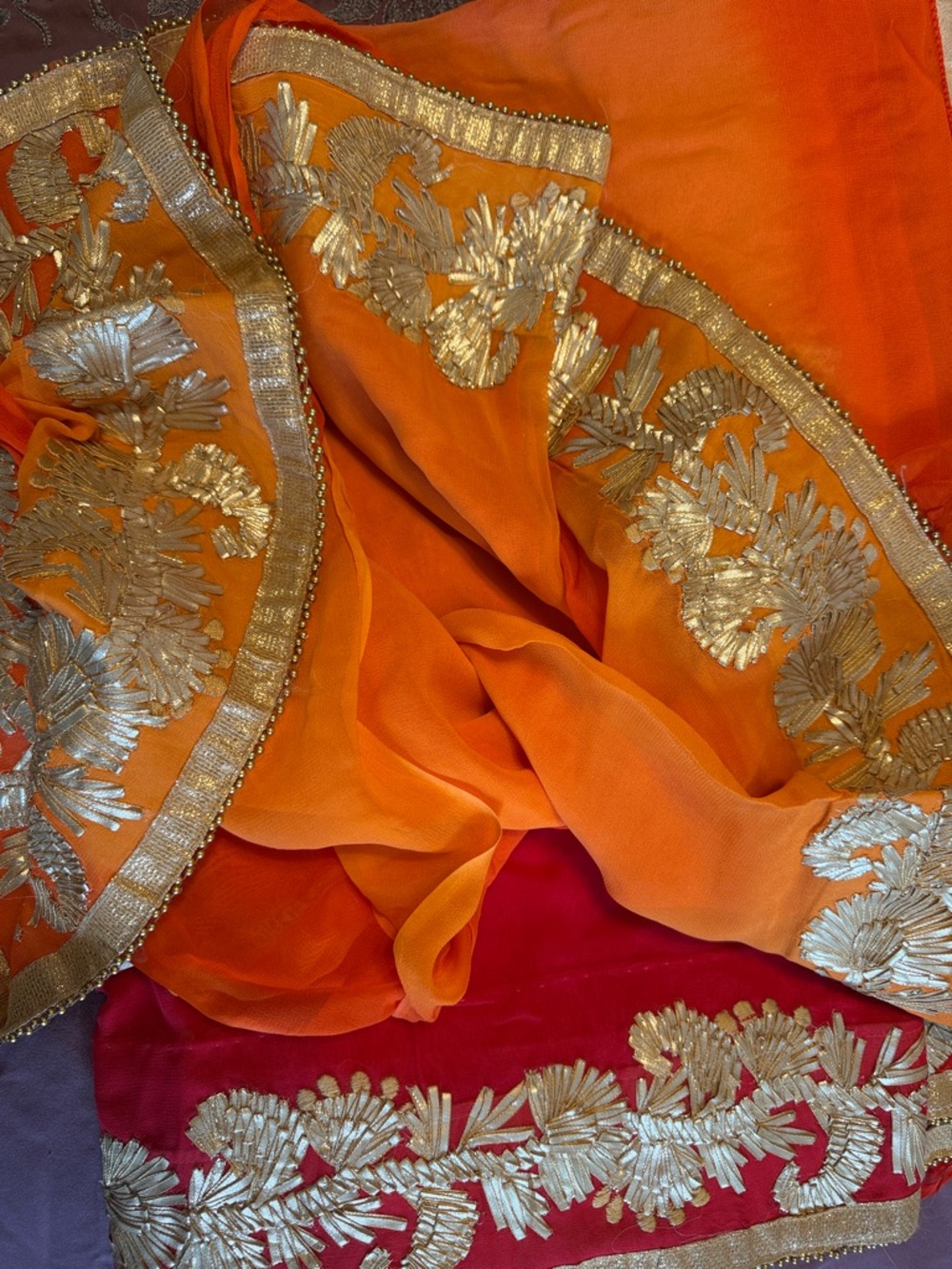 Ombre Embroidered Pink & Orange Chiffon Sari with Metallic Floral Appliqué